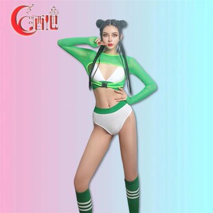 2025酒吧DS演出服女gogo领舞服爵士舞队绿色网纱上衣dj女舞台套装