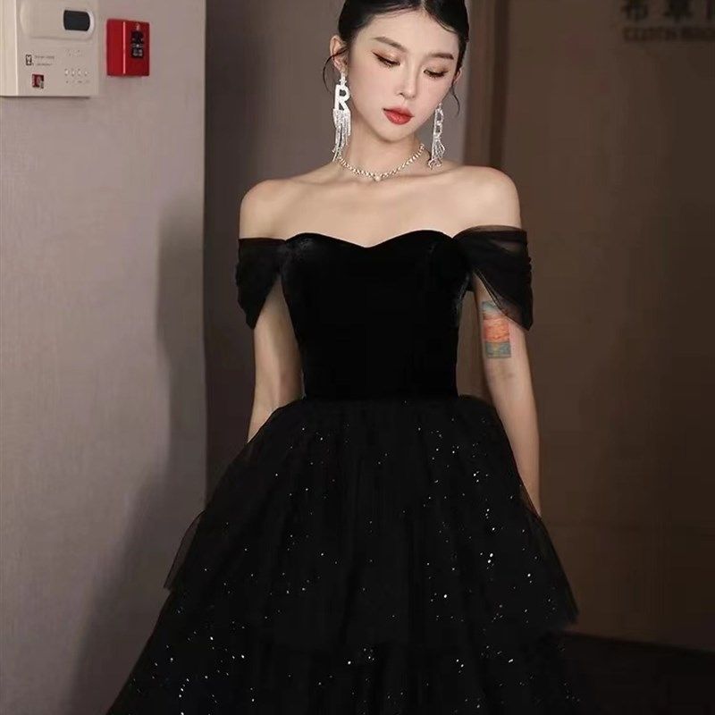 黑色一字肩晚礼服女成人礼主持人纱裙高端轻奢小众钢琴演奏蓬蓬裙