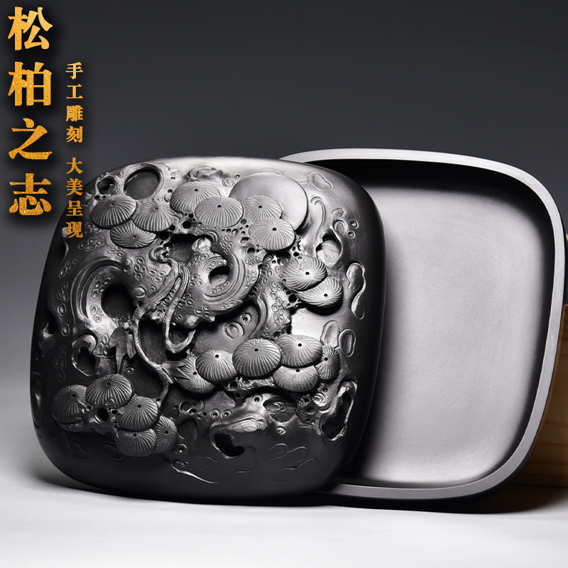 精品名师老坑歙砚/松柏之志/天然原石高端带盖子砚台包邮端砚珍藏