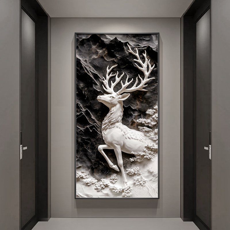 极速麋鹿挂画玄关装饰画浮雕感肌理画走廊尽头壁画高级感入户正对图片