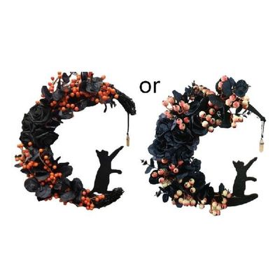 P82D Halloween Holiday Wreath Goth Roses Cats Front Door
