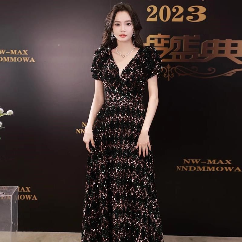 亮片晚礼服裙女高端轻奢小众成人礼主持人礼服艺考公司年会连衣裙