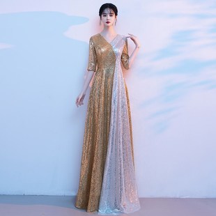 大合唱团演出服女长裙钢琴表演成人指挥服装主持人金色礼仪晚礼服