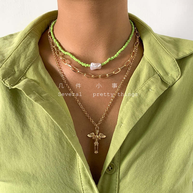 几件小事波西米亚森女系小清新复古异形仿珍珠绿米珠十字人像项链