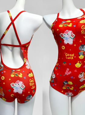 马上有钱新年款红色女士固定胸垫游泳速干连体三角泳衣卡通胖妹妹
