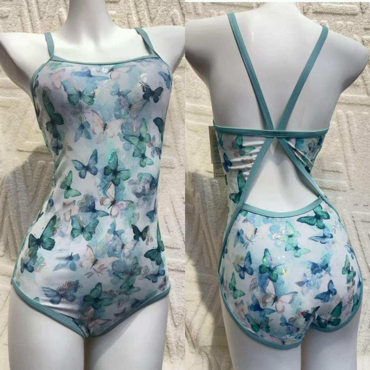 蝴蝶烫金面料固定胸垫女款美背显瘦游泳专用竞速低叉三角连体泳衣,运动/瑜伽/健身/球迷用品,连体泳衣,淘宝优惠券,粉丝福利购,淘宝优惠卷