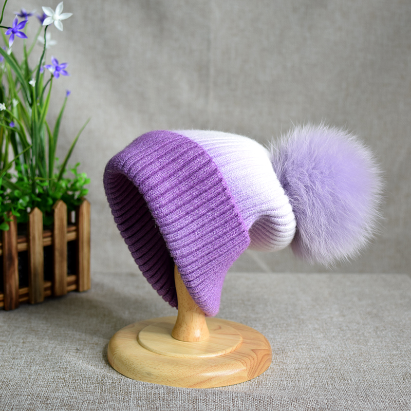 新款狐狸毛球针织帽仿羊绒毛线帽女秋冬百搭韩版渐变拼色套头帽子