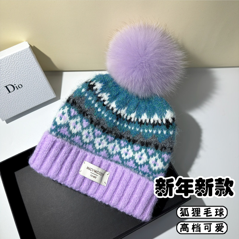 新款潮流民族风秋冬加绒羊绒毛线帽女士真狐狸毛球保暖圣诞针织帽