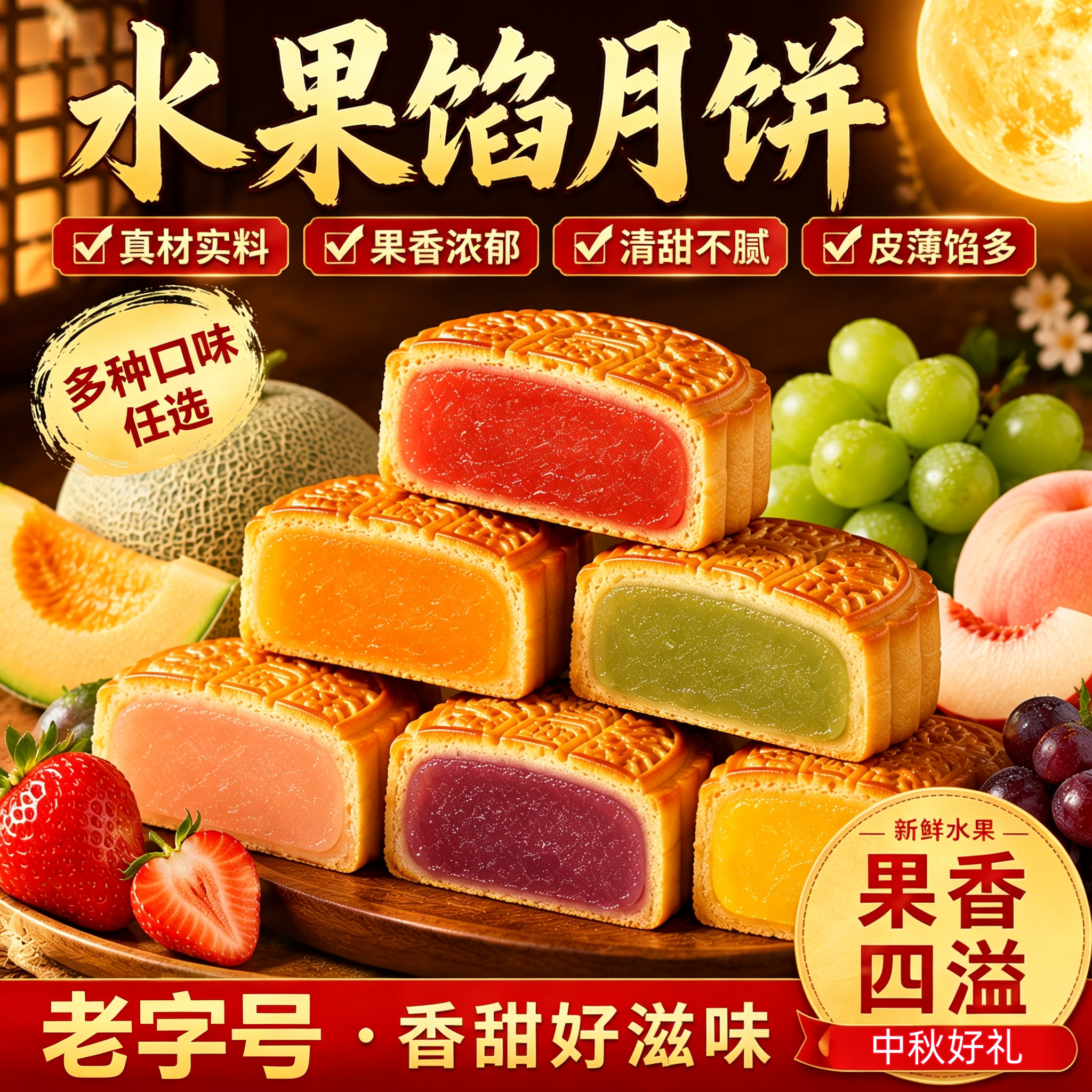 水果月饼广式果味月饼官方旗舰店哈密瓜多种口味月饼零食中秋好礼