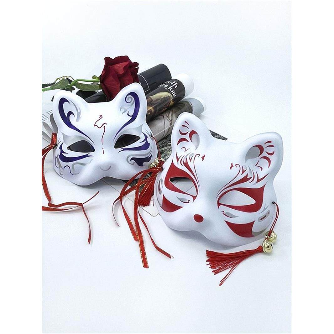 日式和风狐狸面具半脸女手绘化妆舞会古风面罩汉服抖音妖狐唐猫脸