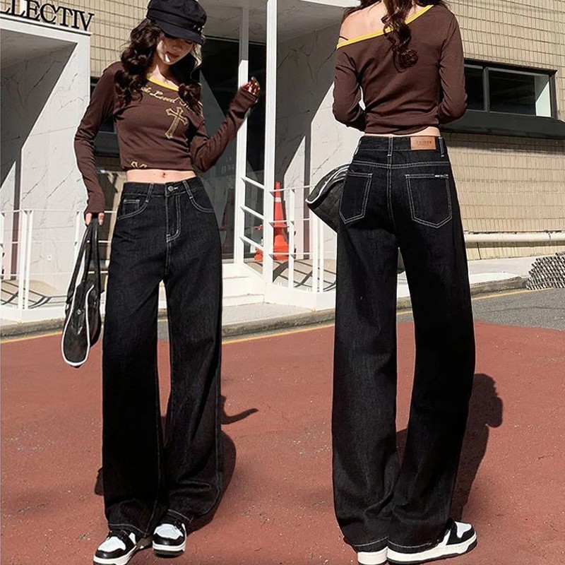 黑色窄版阔腿牛仔裤女2025新款春夏季高腰宽松显瘦百搭垂感直筒裤