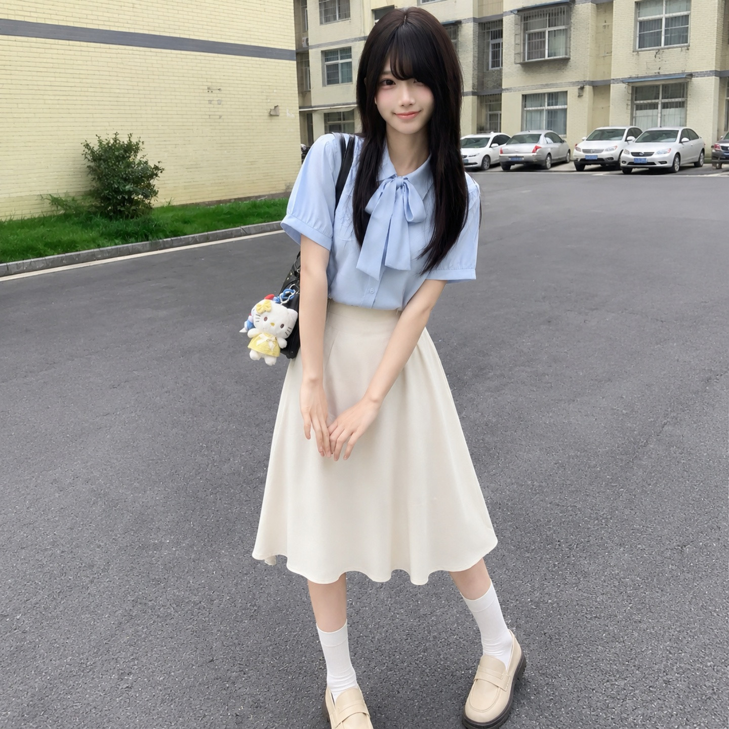 白色系带泡泡袖衬衫黑色系半身裙衬衫