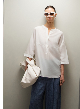 AIMER CHUANG/爱慕创沐夏七分袖阔版圆领衬衫女士上衣CA811811
