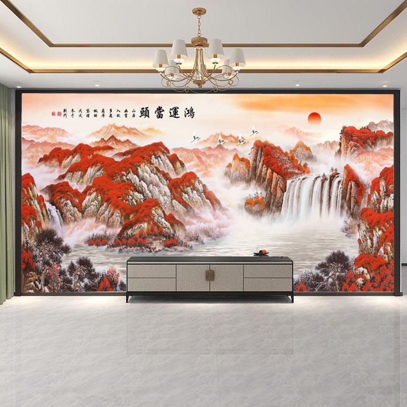 墙布鸿运当头红山山水画无缝壁画客厅沙发背景墙壁纸办公室壁布