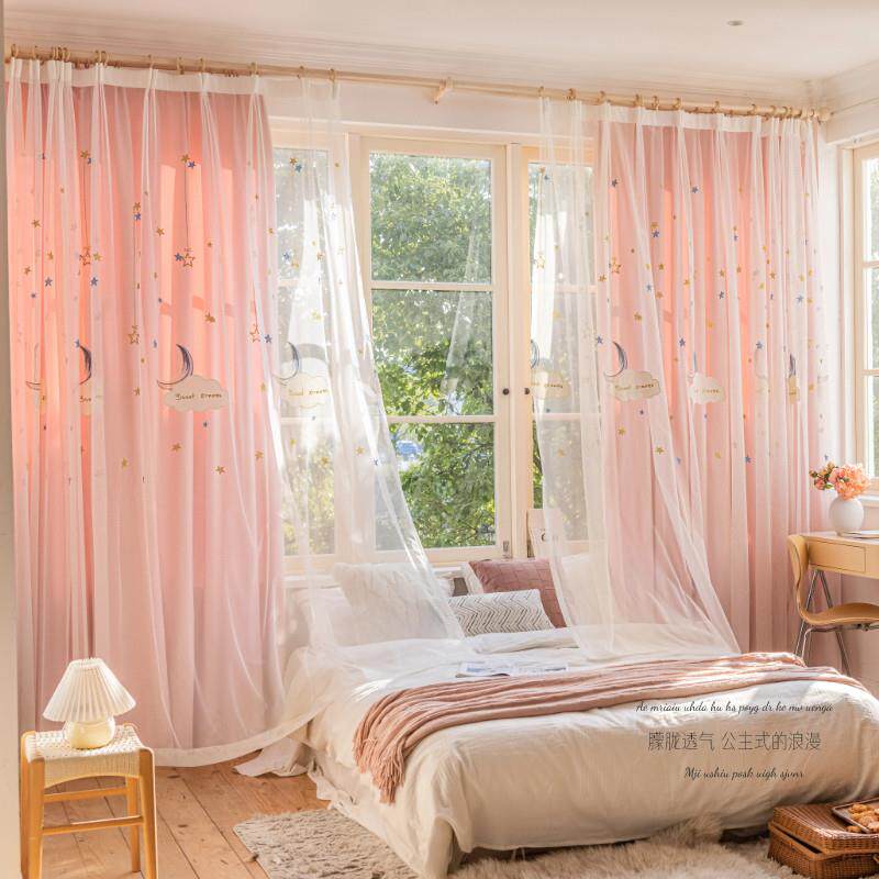 卧室儿童房窗帘遮光2023新款布纱一体短沙帘飘窗女孩双层绣花挂钩