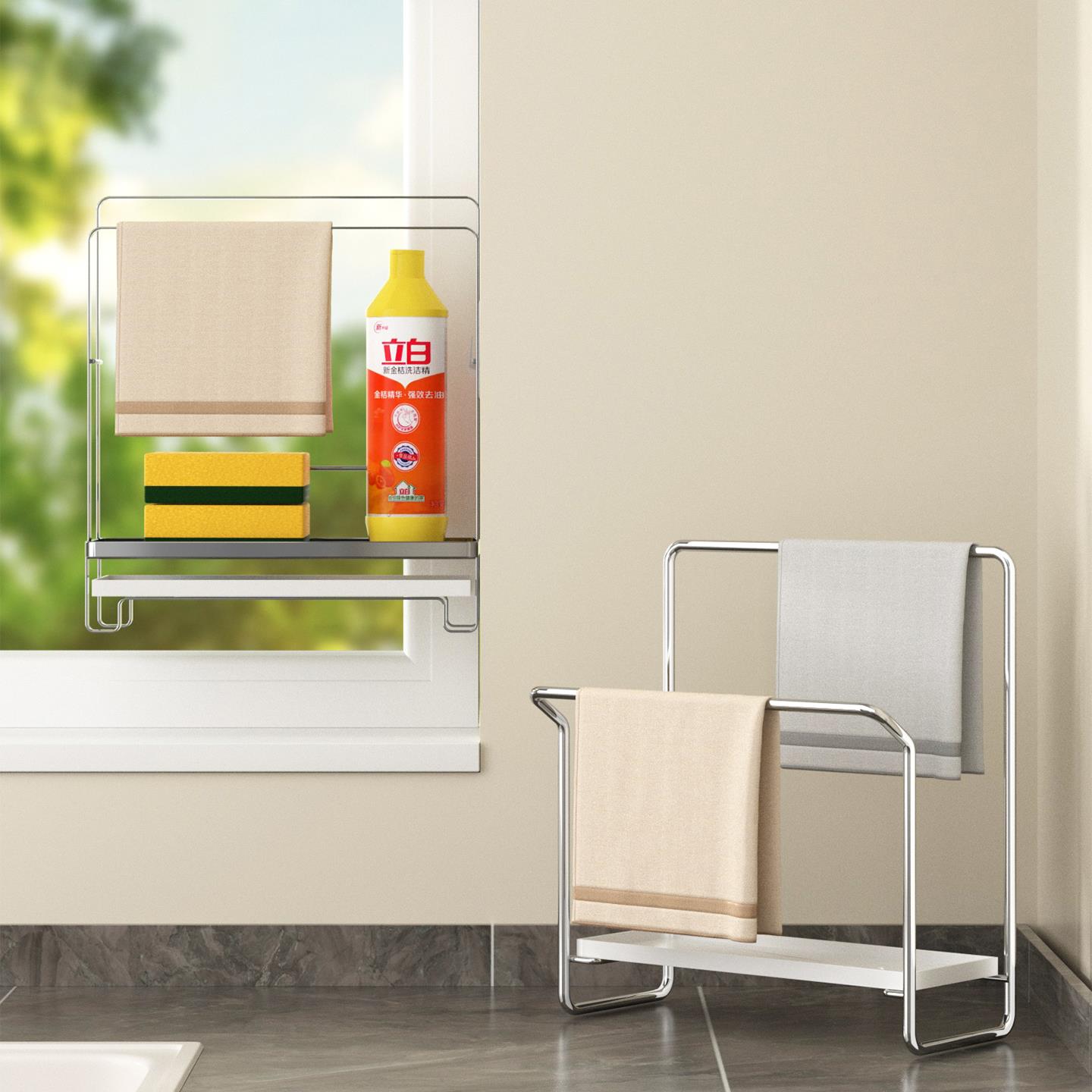 厨房抹布架台面置物架洗碗布挂杆壁挂不锈钢沥水架清洁用具收纳架