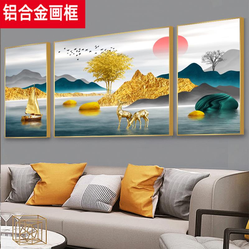 轻奢客厅装饰画现代简约沙发背景墙壁画北欧大气三联挂画麋鹿墙画图片