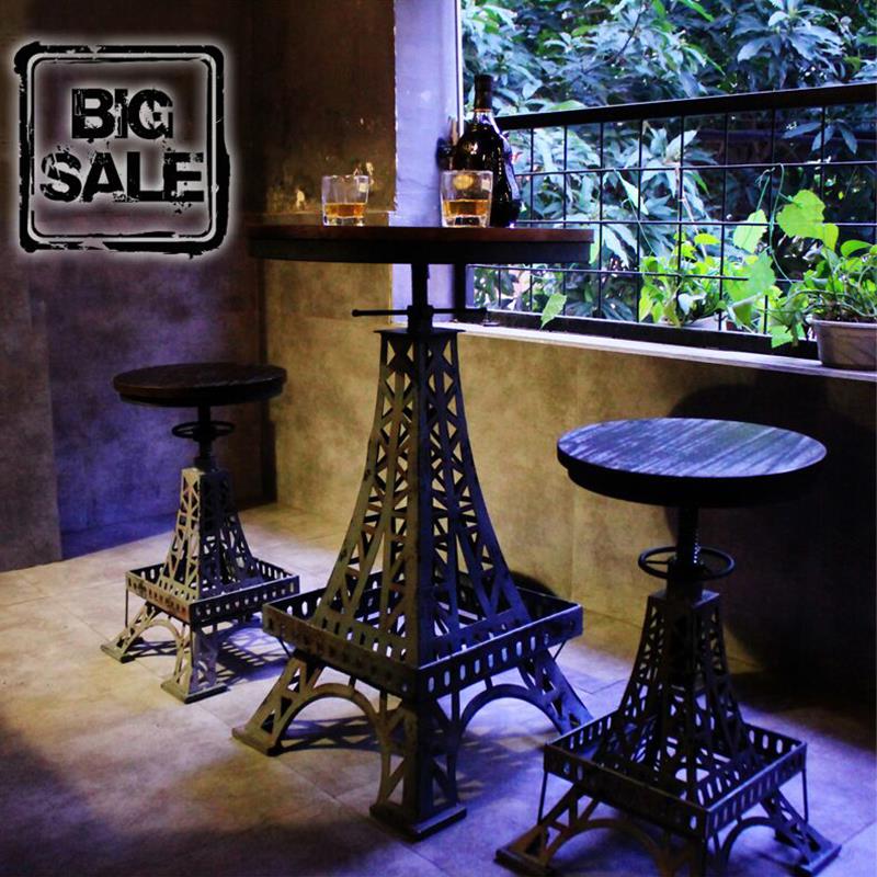 法式复古铁艺实木酒吧吧台桌椅工业风家用阳台高脚桌奶茶店升降桌