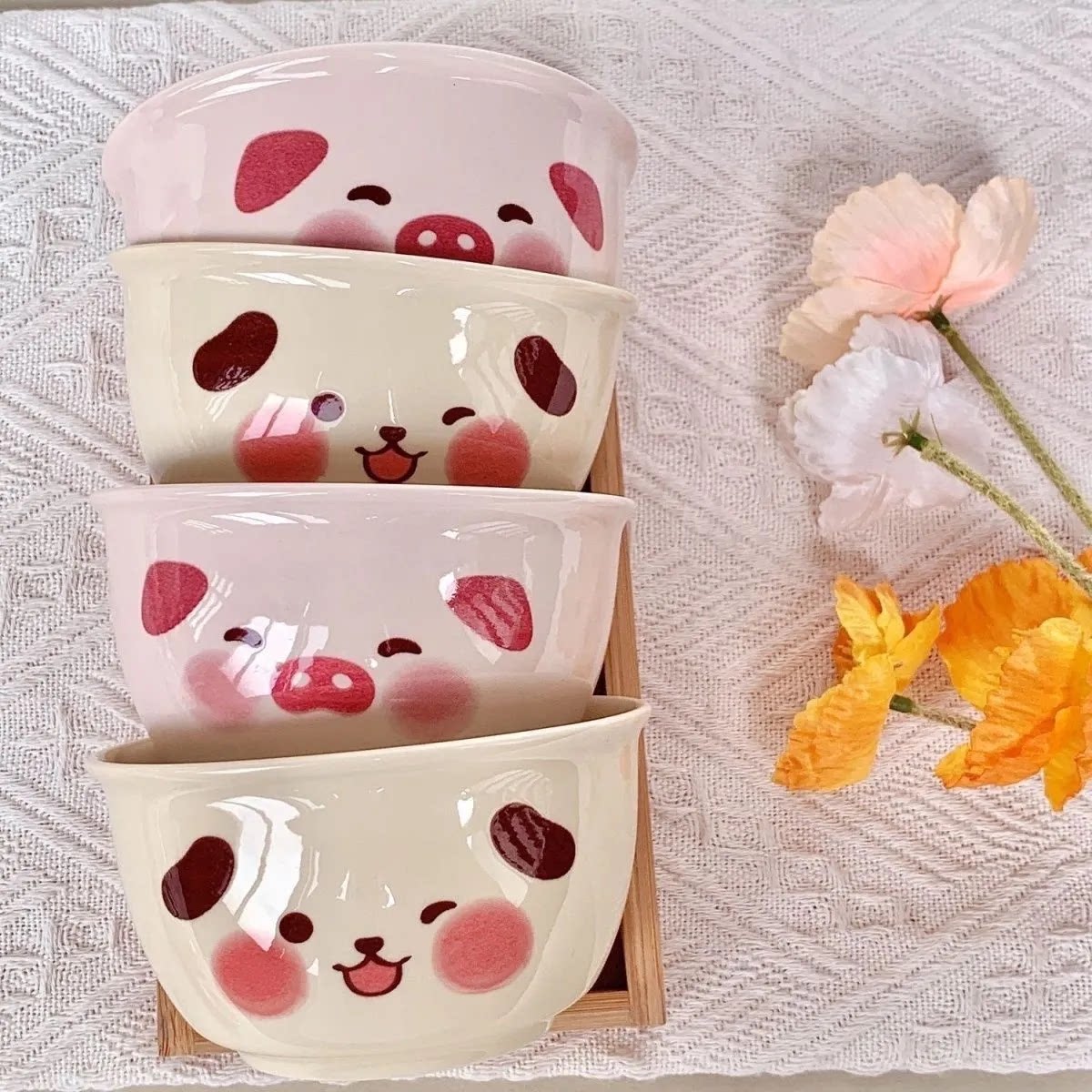 可爱小猪小狗米饭碗带勺陶瓷碗耐高温少女碗家用吃饭甜品布丁饭碗