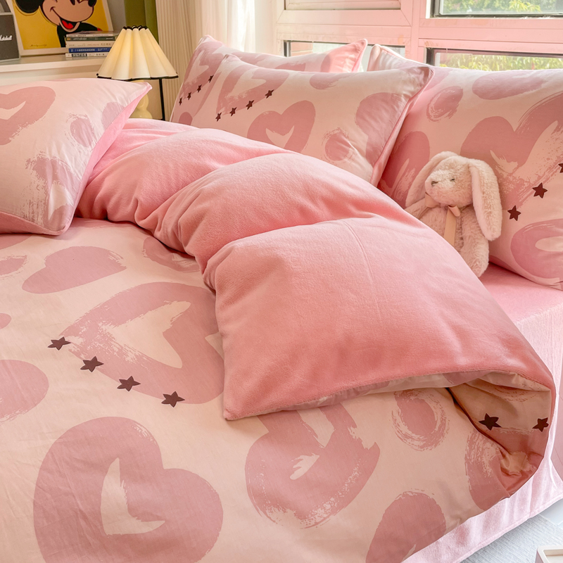 速发冬季ab面绒棉牛奶全单件150x200x20纯棉5兰绒1.法米粉色被罩