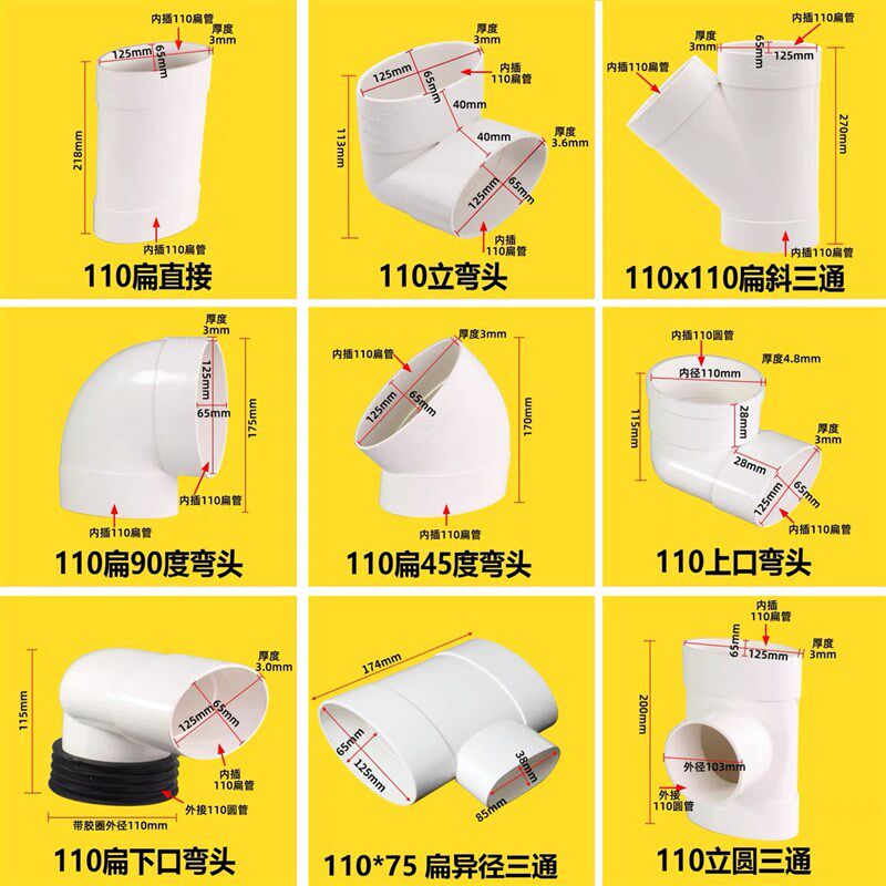 速发PVC110马桶坐便器扁管配件移位直接三通扁弯头椭圆接头排水管
