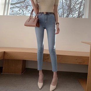 速发九分紧身小脚铅笔2仔裤高力浅蓝色20牛4新款弹腰小个子