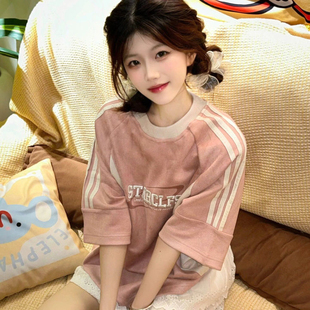 女宽松潮牌 麂皮绒t恤短袖 发泡印花 美式