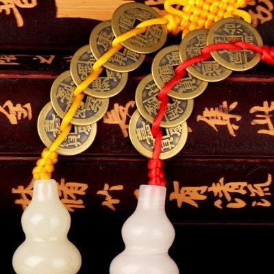 广缘德白玉葫芦五帝钱门对门挂件工艺品小葫芦铜钱古币客厅装饰品