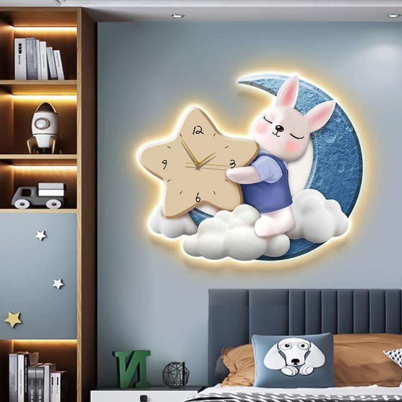 卡通儿童房装饰画创意钟表壁灯挂画男孩女孩卧室床头壁画静音时钟