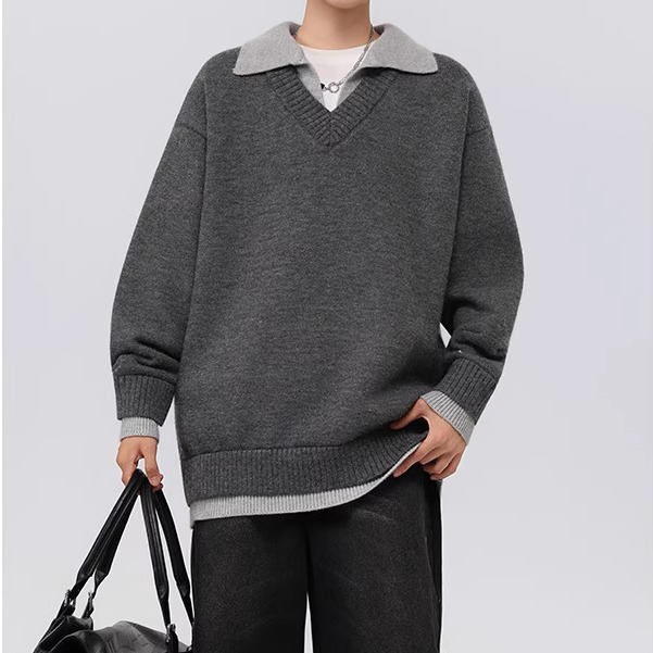 美式复古老钱风假两件V领男毛衣