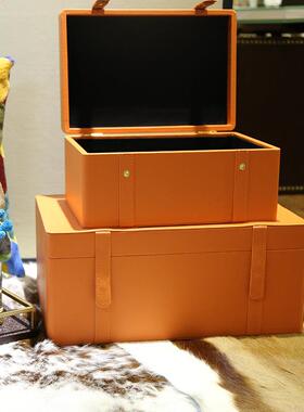 样板房软装橙色皮质家居装饰收纳盒摆饰衣柜新中式收纳装饰盒