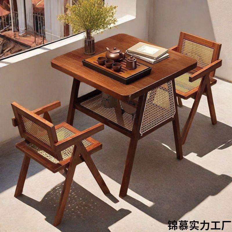 实木阳台茶桌椅组合简约洽谈桌网红一桌两椅小户型休闲藤椅三件套