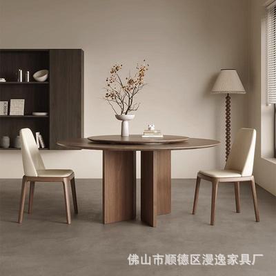 复古实木圆桌家用小户型圆形饭桌黑胡桃木拼花带转盘圆餐桌椅组合