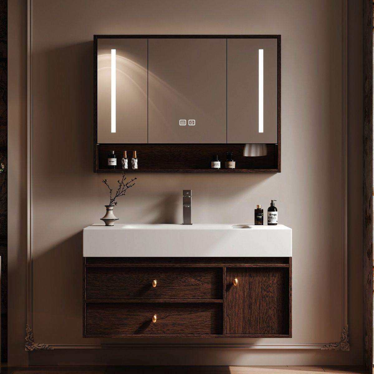 中古风蜂窝铝浴室柜风水镜柜组合岩板热弯陶瓷一体洗手台盆卫生间