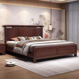 新中式乌金木实木床主卧高端大气双人床现代简约中国风官帽储物床