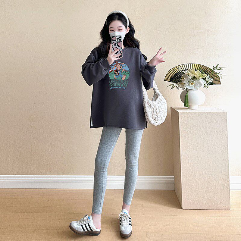 速发孕妇卫衣中长款2025孕妇装春装新款印花圆领上衣薄款长袖外套