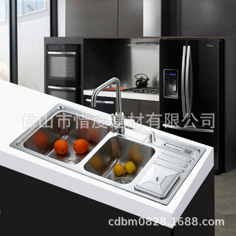 304不锈钢水槽多功能水盆带刀架垃圾桶大尺寸92x45CM一体成型