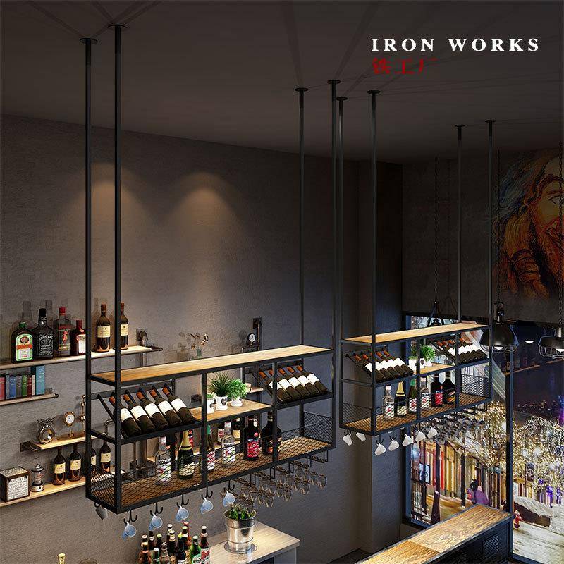 loft工业风酒吧吧台吊架展示红酒架复古收银台餐厅装饰悬挂酒杯架