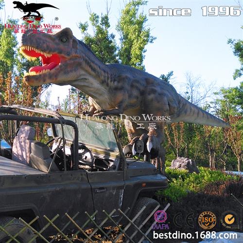 户外仿真恐龙模型仿真霸王龙脚踩吉普车大型机械电动恐龙摆件.