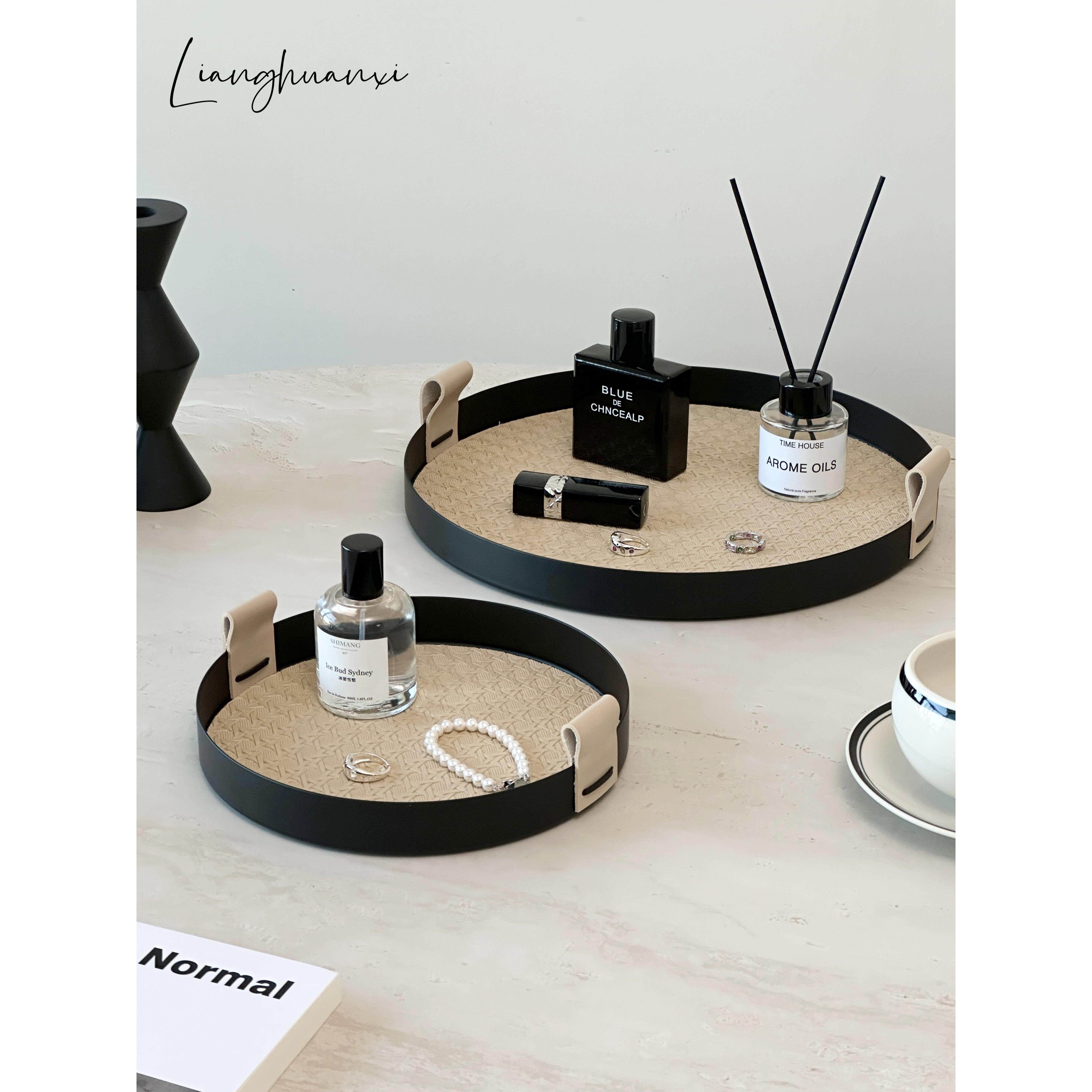 高级黑圆形金属托盘轻奢皮质桌面收纳盒玄关钥匙杂物首饰香薰收纳,家居饰品,香薰托盘,淘宝优惠券,粉丝福利购,淘宝优惠卷