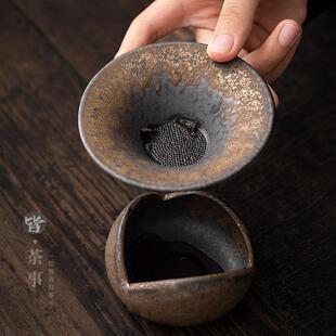 粗陶创意过滤功夫茶具茶道陶瓷全瓷一体茶漏套装过滤器茶隔过滤网