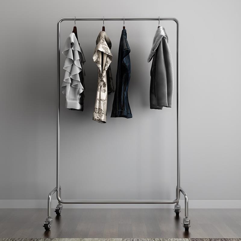 带轮服装店展示架女装店不锈钢货架衣服架子落地式移动挂衣杆银色