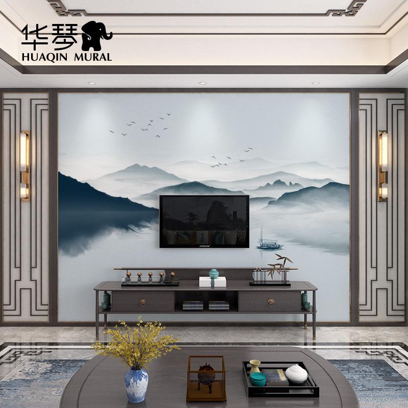 新中式意境水墨山水电视背景墙壁纸客厅书房茶室墙纸壁画无缝墙布