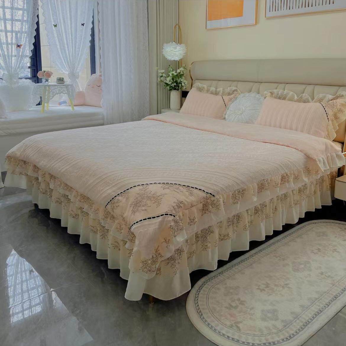 冬季轻奢双层蕾丝牛奶绒床盖四件套雕花绒被套加厚绗缝加绒暖床品