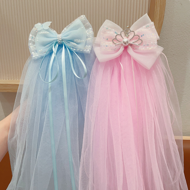 女孩公主头纱发夹儿童超仙发饰女童公主裙皇冠头饰网纱蝴蝶结发卡