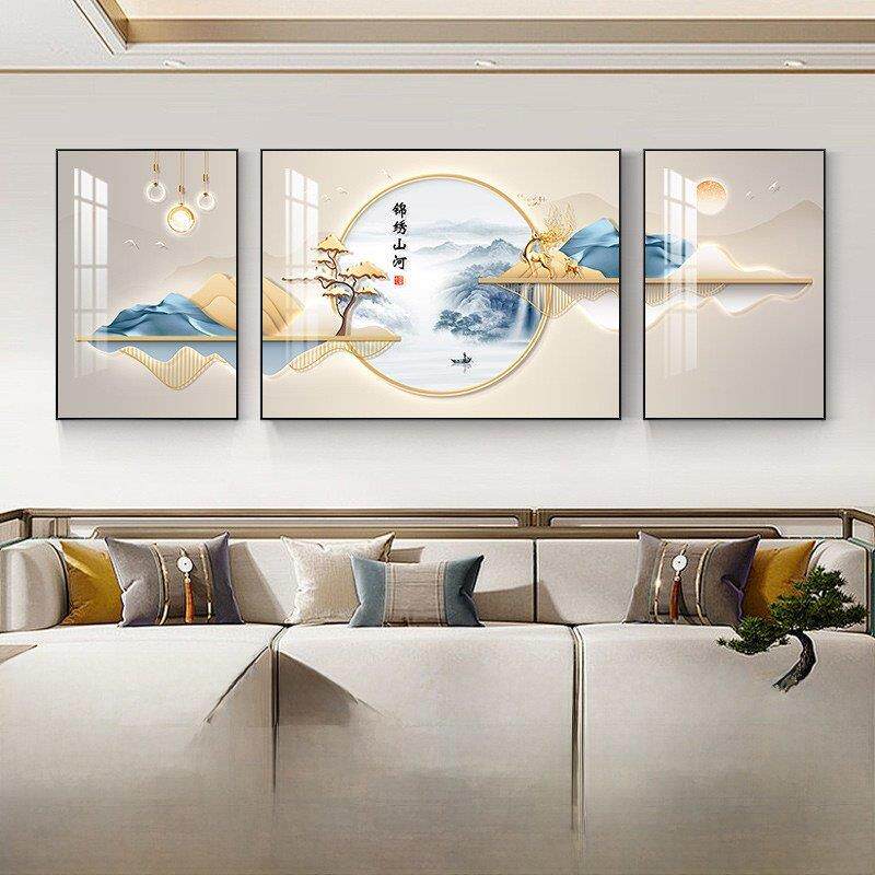 新中式客厅装饰画山水画现代轻奢沙发背景墙挂画高档大气三联壁画