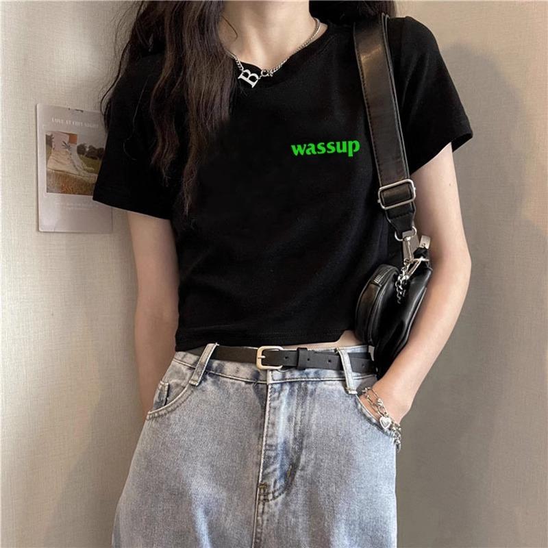 wassup短袖t恤女2025新款夏装黑色显瘦辣妹短款修身露脐纯棉上衣