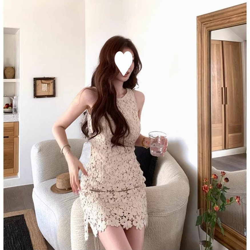 现货 法式温柔连衣裙女春季礼服镂空蕾丝无袖内搭短款裙子新款