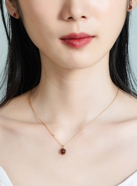 天然石榴石吊坠镀10K金项链