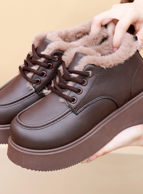 2025冬季新款老北京棉鞋女加绒加厚保暖雪地靴厚底增高皮面乐福鞋